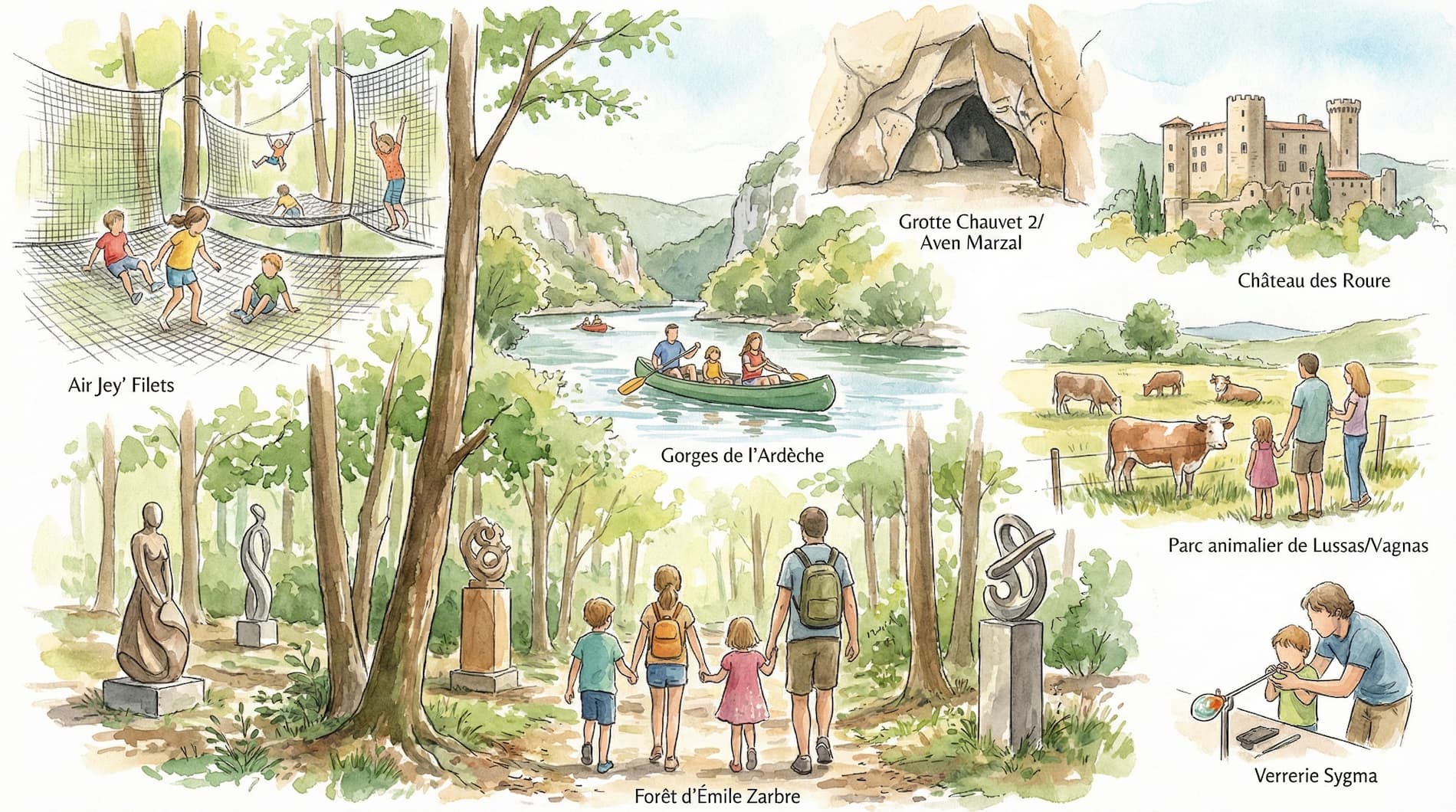 Illustration des sorties en Ardèche avec enfants : Gorges, Grotte Chauvet, Château des Roure, Verrerie et parcs