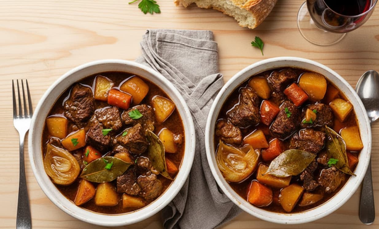 Deux cocottes de bombine ardéchoise, ragoût traditionnel de bœuf aux pommes de terre et carottes